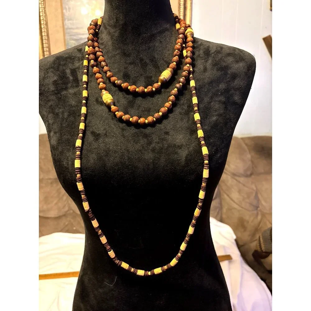 Wooden Beaded Layered Necklace Set Earthy Artsy Handcrafted Boho Rustic Hippie